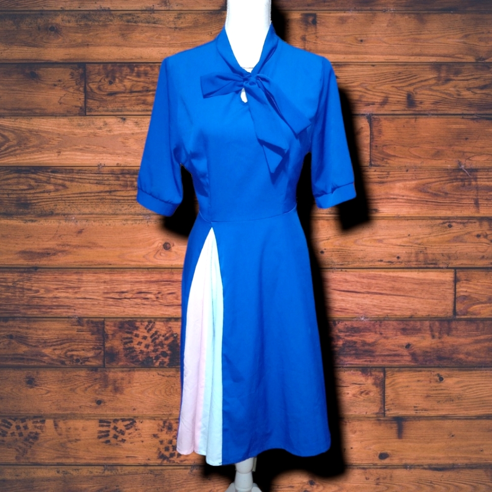 Bright Blue Vintage Style Dress with Peek-a-boo Skirt Colors